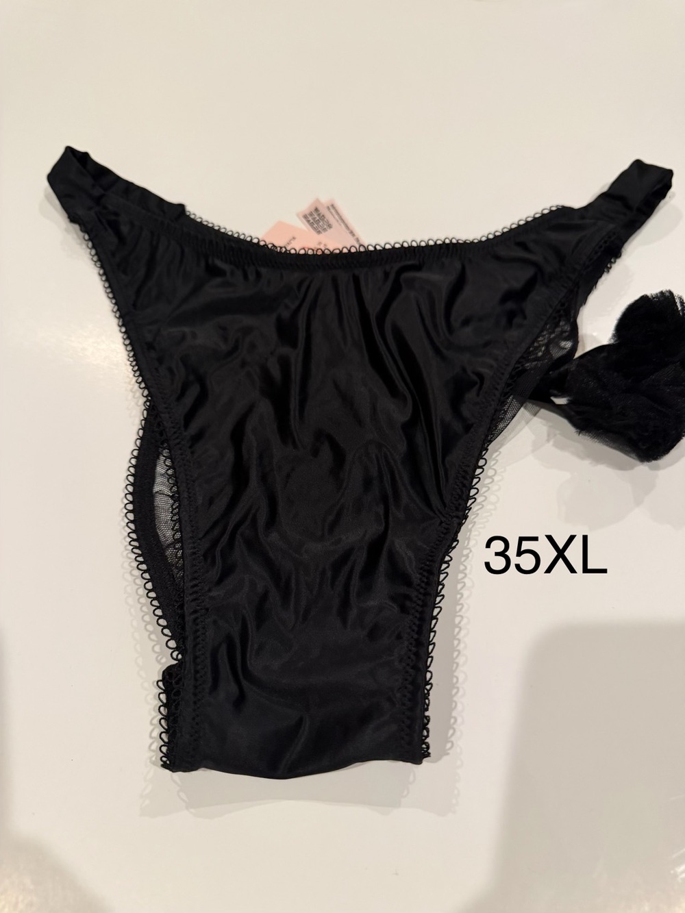 Victoria's Secret Black Satin Bikini Panty with Picot Trim